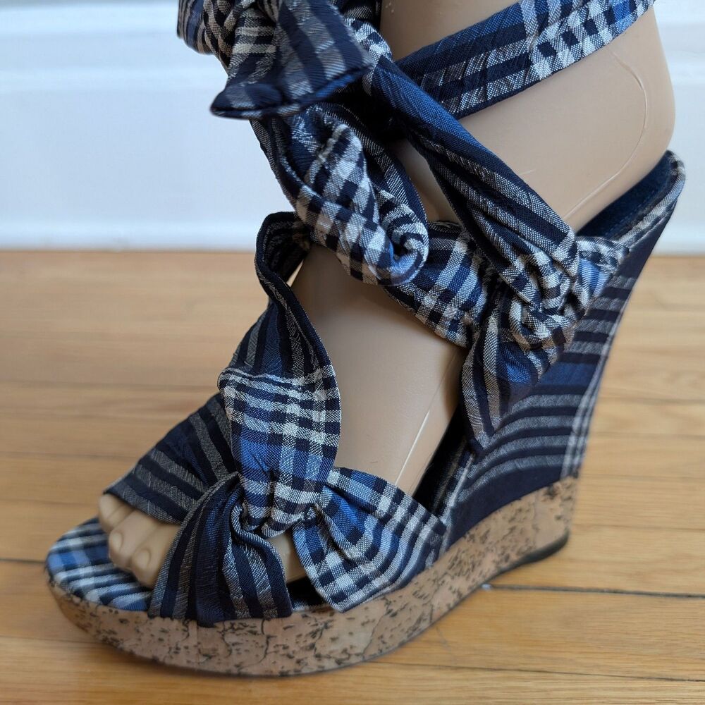 Donna Karan Cork Platform Sandal Madras Wedge Plaid Embossed Logo Designer 8.5 - Picture 7 of 12